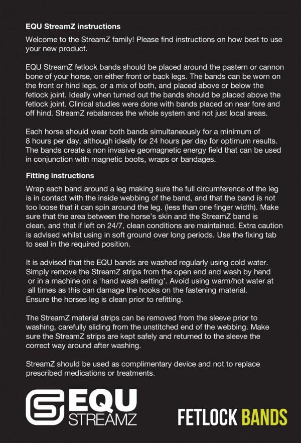 EQU Streamz magnetic fetlock bands for horses EQU Streamz instructions and care details