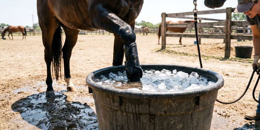 Benefits of cooling horses legs blog image of horse standing in ice bucket