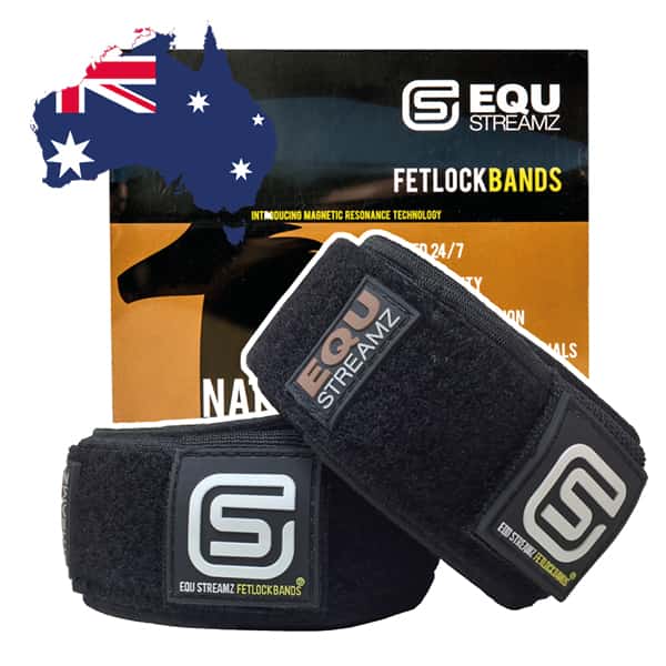 EQU Streamz fetlock bands image of pair of magnetic therapy bands for horses pain relief and recovery, joint care and wellbeing. Out now in Australia and New Zealand and suitable for barrel racing showjumping eventing dressage rodeo and more. Image of bands in front of packaging with Australia flag.